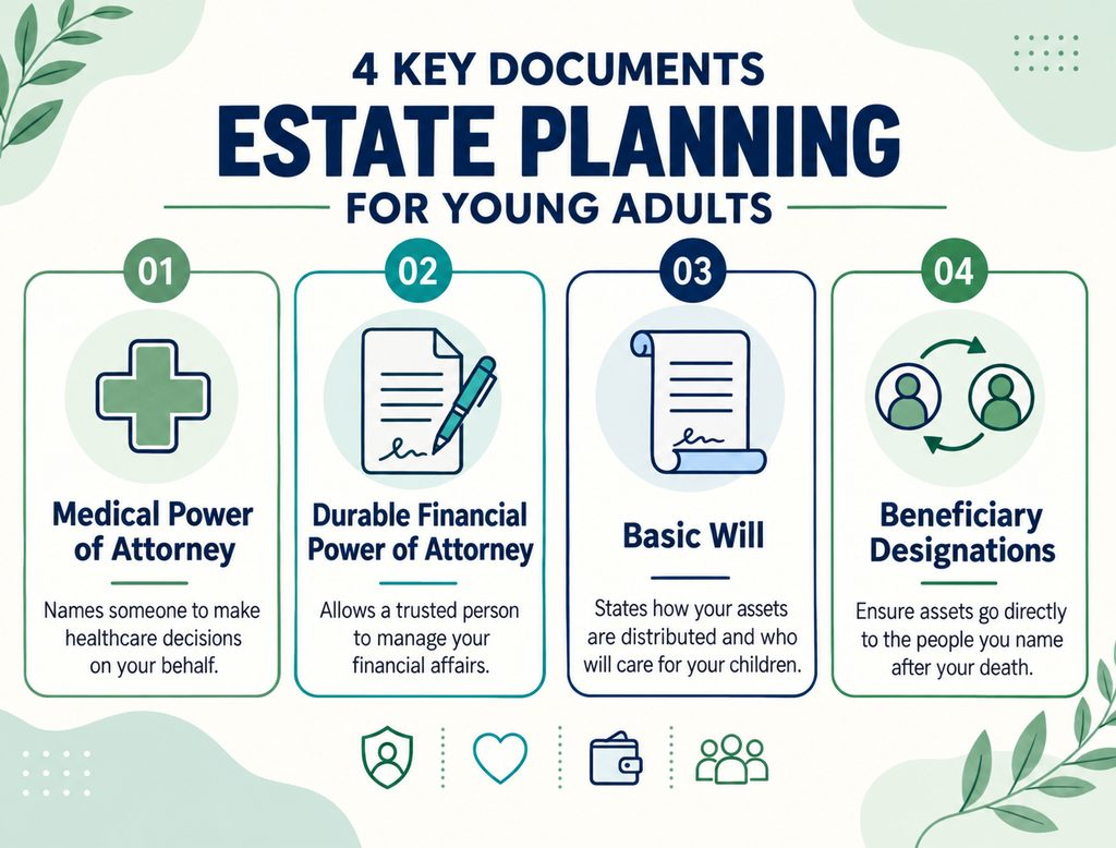 Infographic Showing the Four Essential Estate Planning Documents for Young Adults