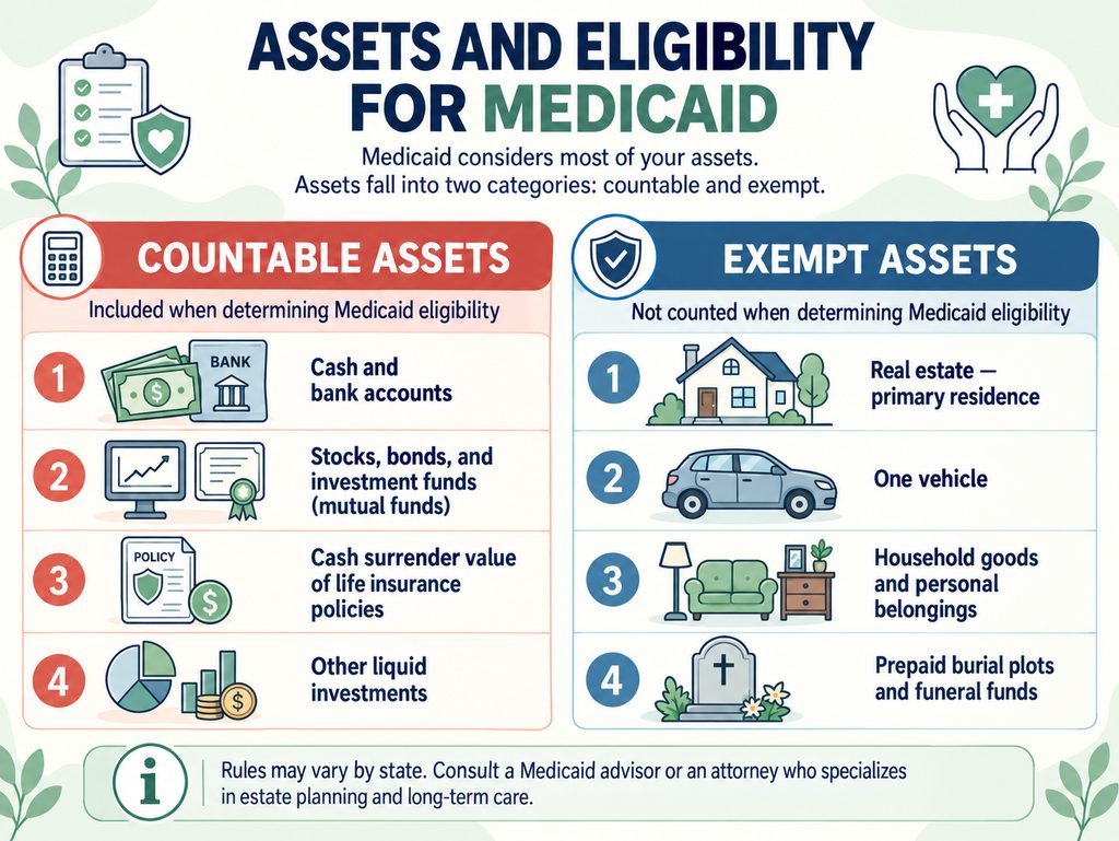 Infographic comparing countable and exempt assets for Medicaid eligibility.