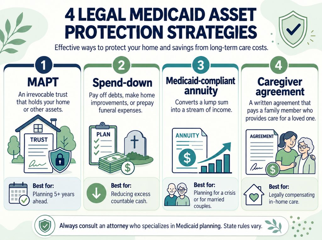 Infographic illustrating four asset protection strategies in Medicaid planning: MAPT, spend-down, annuities, and caregiver agreements.