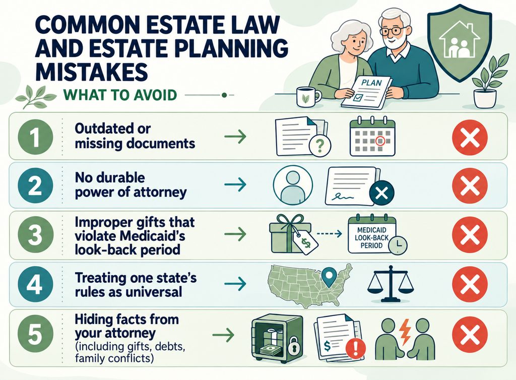 Infographic listing the five most common mistakes in elder law and estate planning.