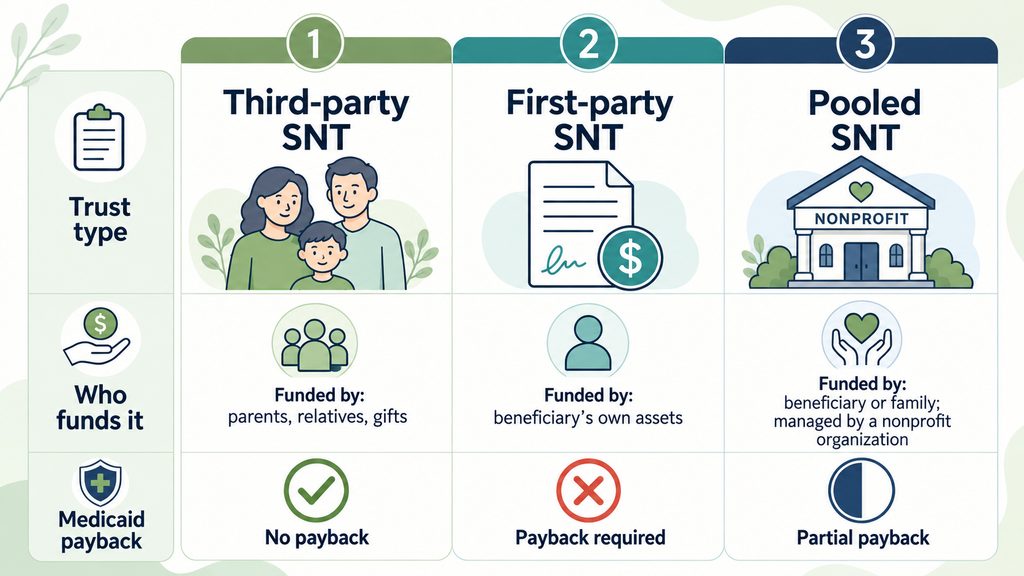 Infographic comparing three types of special needs trusts: third-party, first-party, and pooled, including information on Medicaid payback requirements.