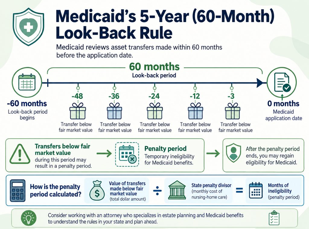 Timeline diagram illustrating the 5-year look-back period and how the Medicaid penalty period is calculated.