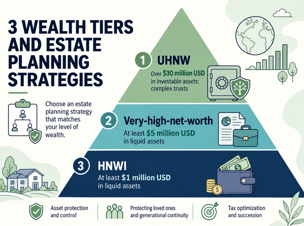 Wealth Threshold Pyramid for Estate Planning: HNWI ($1M), VHNW, and UHNW (over $30M)