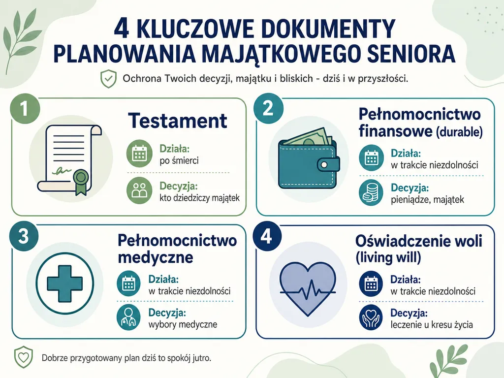Infografika porównująca cztery podstawowe dokumenty planowania majątku seniora: testament, pełnomocnictwo finansowe, medyczne i oświadczenie woli